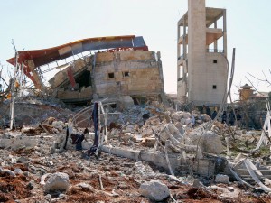 A picture shows the rubble of a hospital supported by Doctors Without Borders (MSF) near Maaret al-Numan, in Syria's northern province of Idlib, on February 15, 2016, after the building was hit by suspected Russian air strikes. 
MSF confirmed in a statement that a hospital supported by the aid group in Idlib province was "destroyed in air strikes". / AFP / STRINGER        (Photo credit should read STRINGER/AFP/Getty Images)