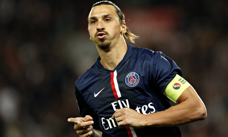 Zlatan Ibrahimovic celebrates scoring for Paris Saint Germain against St Etienne.